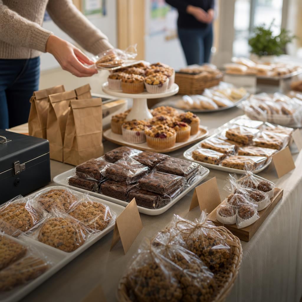 Individually wrapped cookies, brownies, cupcakes, and muffins arranged on a school bake sale table