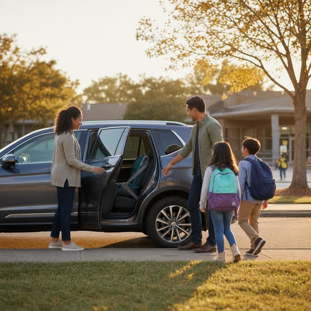 A family loading a child with a backpack into the backseat of an SUV at school pickup