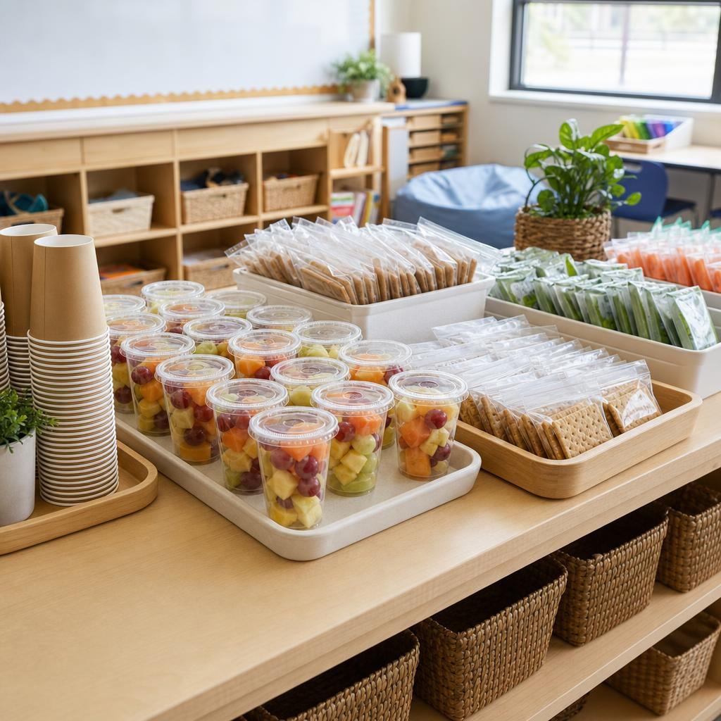 Individual fruit cups, crackers, vegetables, and paper cups arranged on a classroom snack table