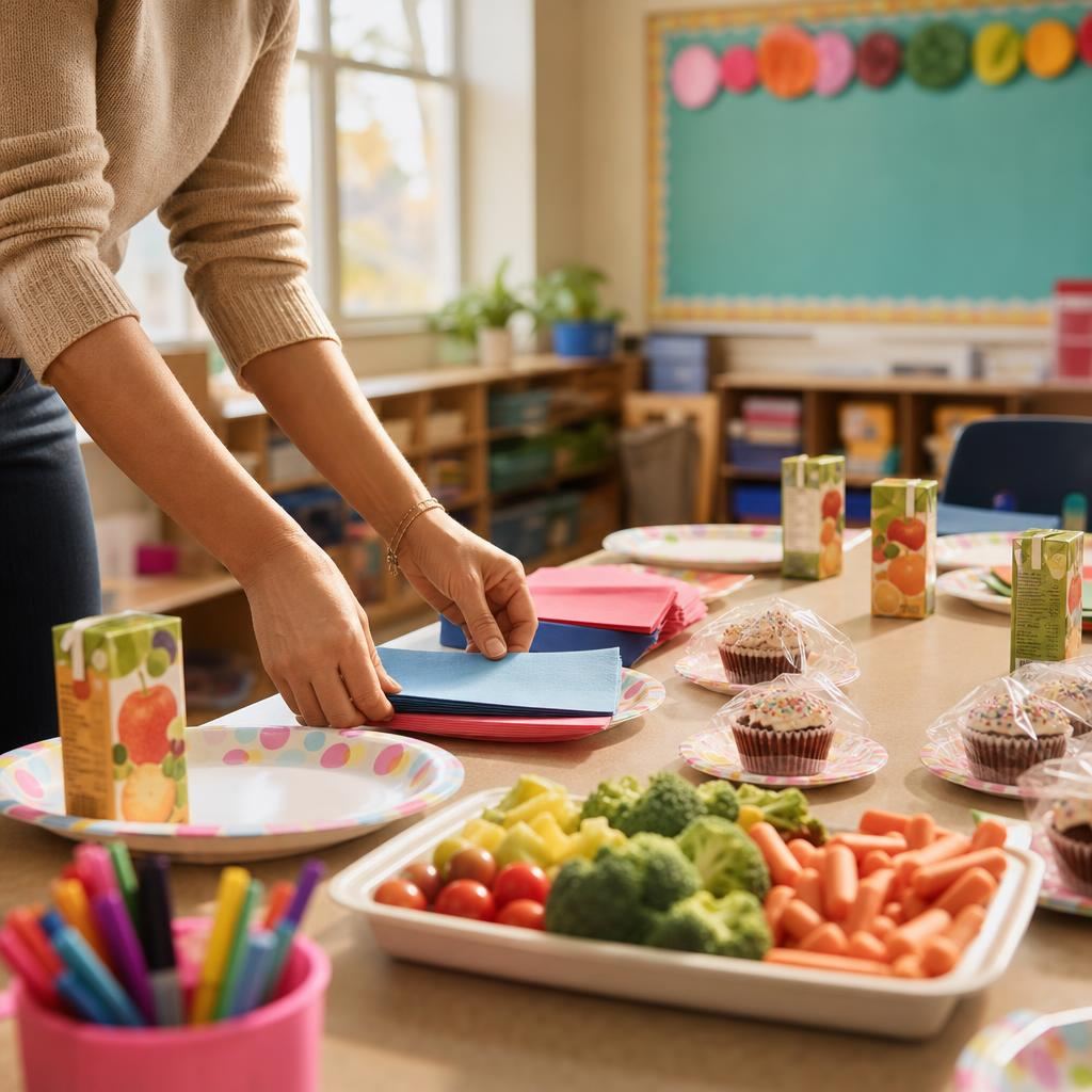 A parent volunteer prepares snacks, paper goods, and craft supplies on a classroom table