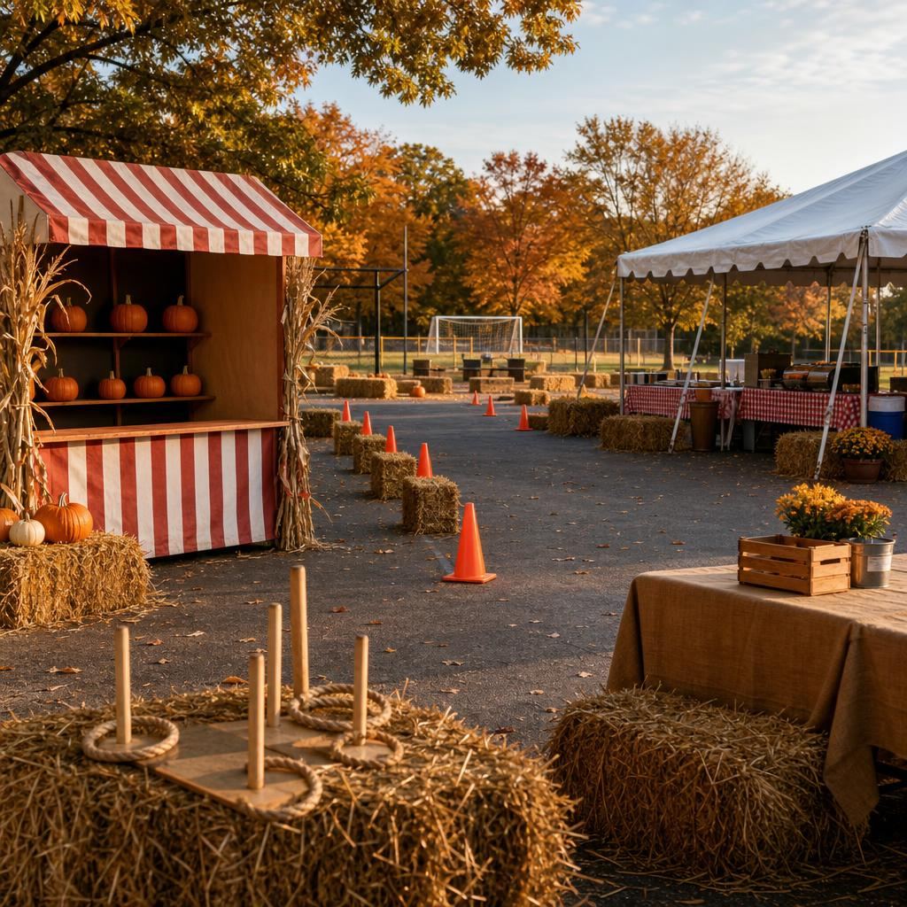 Pumpkin game booth, activity stations, tents, and hay bales arranged for an outdoor school fall festival