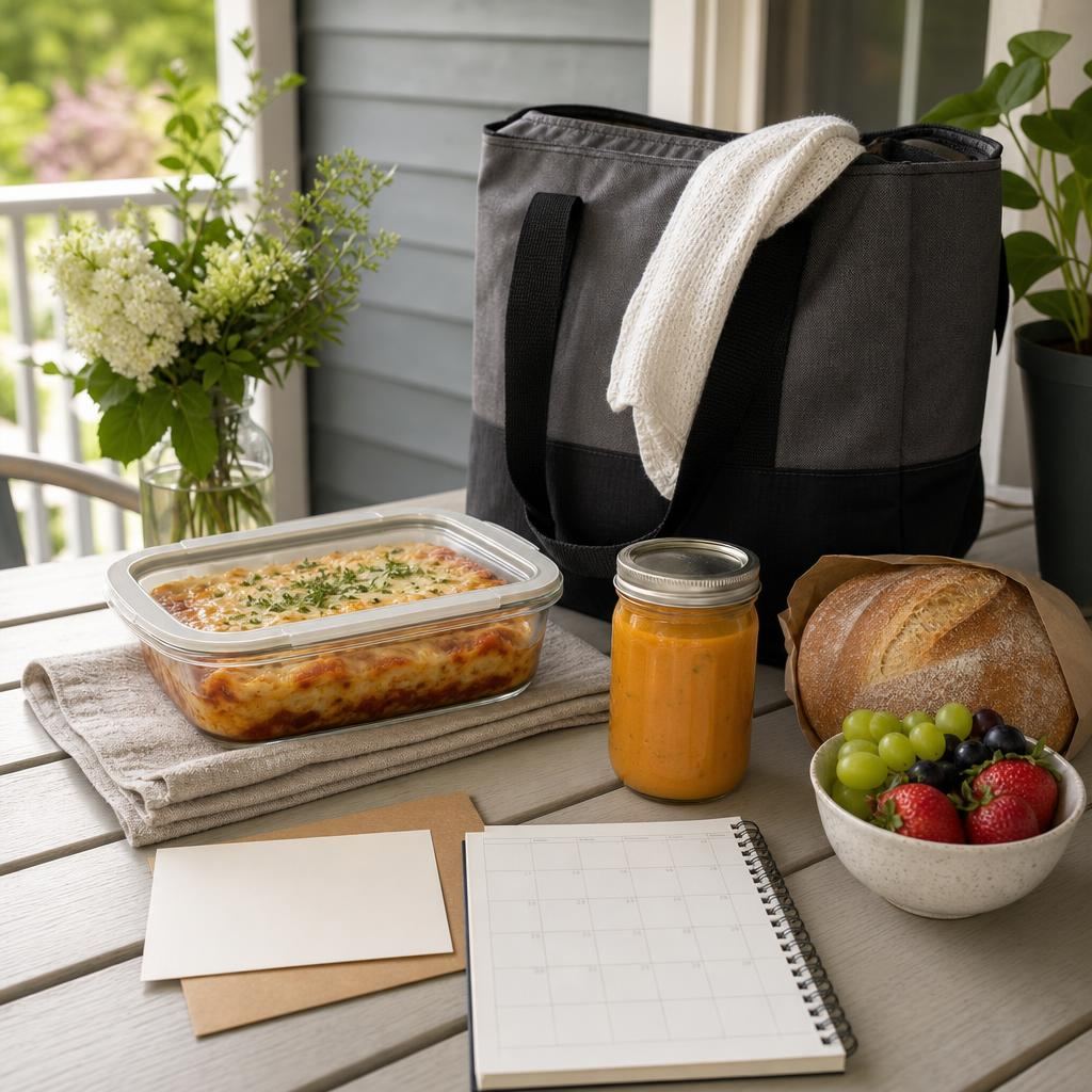 A ready-to-heat casserole, soup, bread, fruit, and an insulated bag prepared for a porch meal delivery