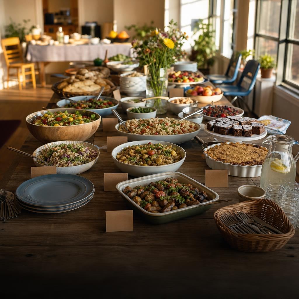 A balanced spread of main dishes, salads, sides, desserts, drinks, and serving supplies arranged on a community potluck table