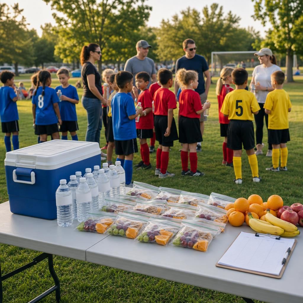 Bagged fruit snacks, water bottles, and a cooler on a field-side table as youth soccer players gather nearby