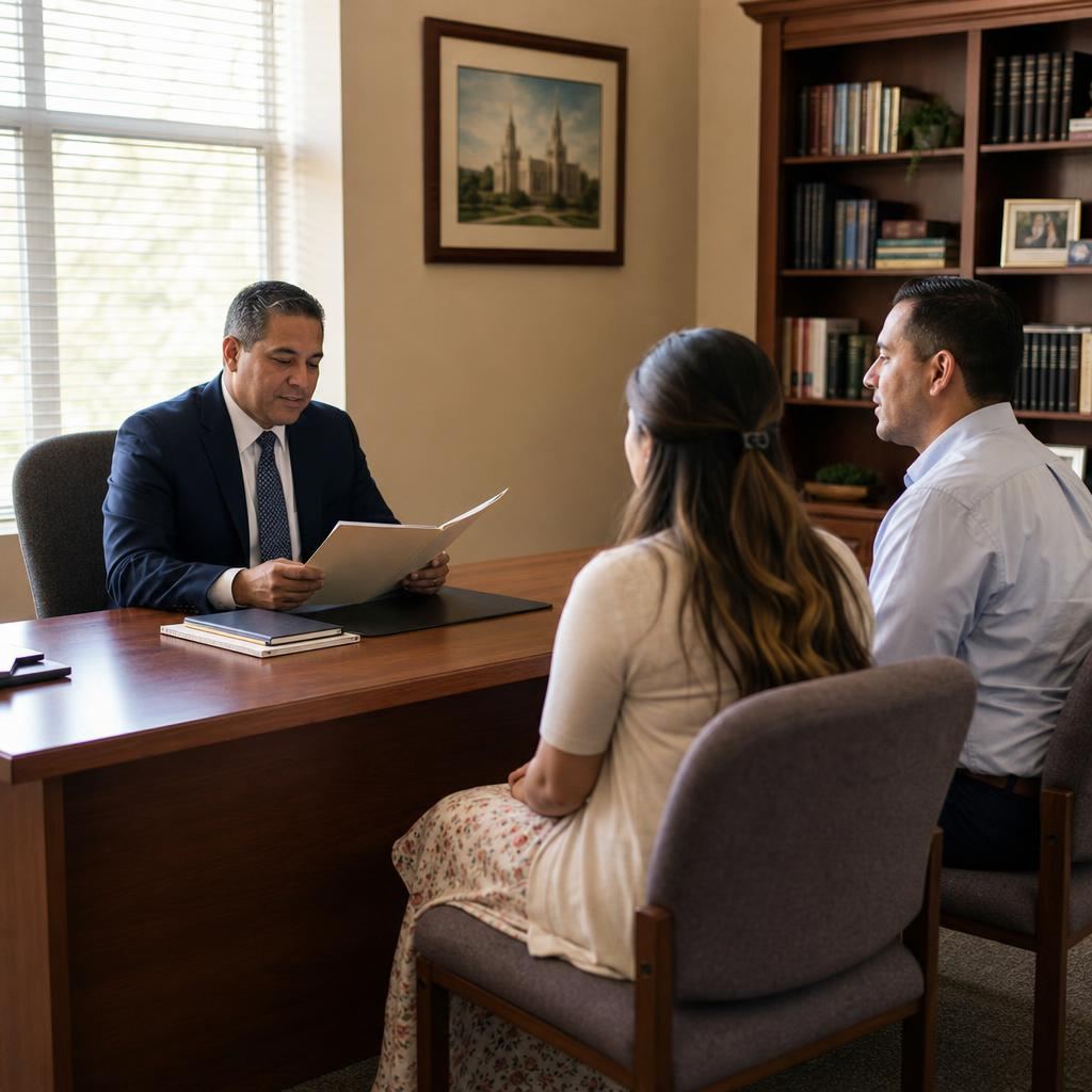 A ward leader reviews an appointment folder with a couple across a meetinghouse office desk