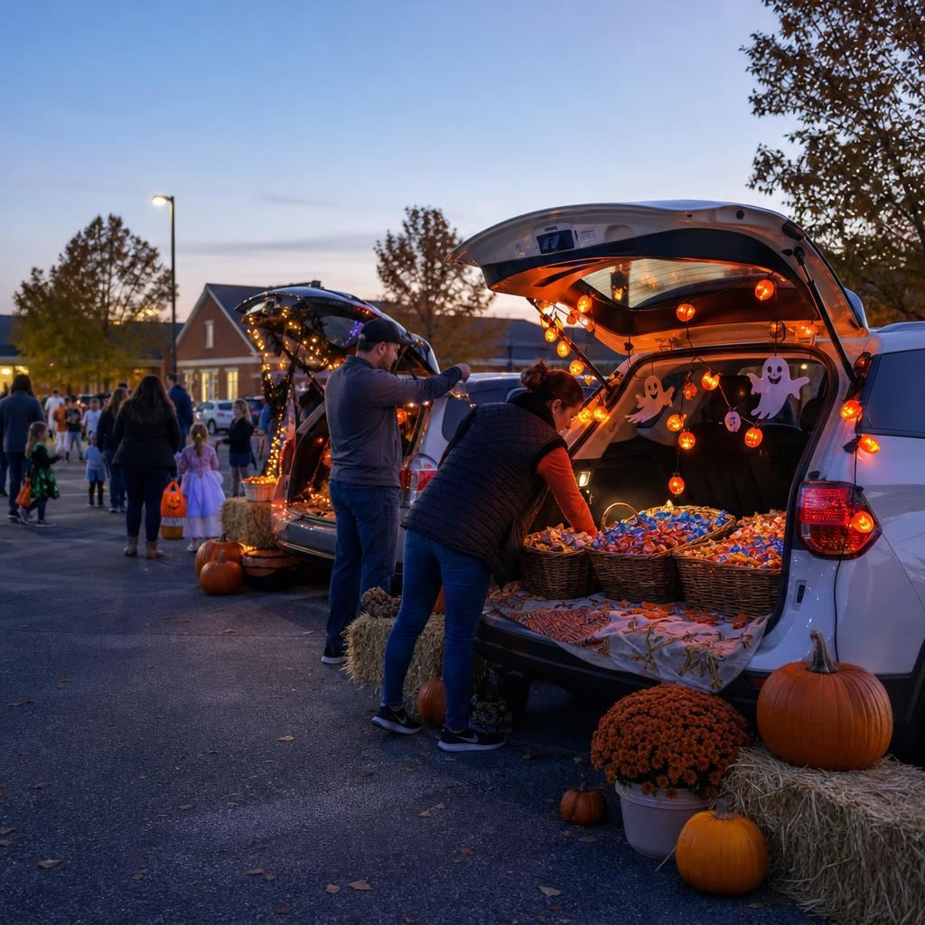 Decorated car trunks stocked with candy at a welcoming evening trunk-or-treat event