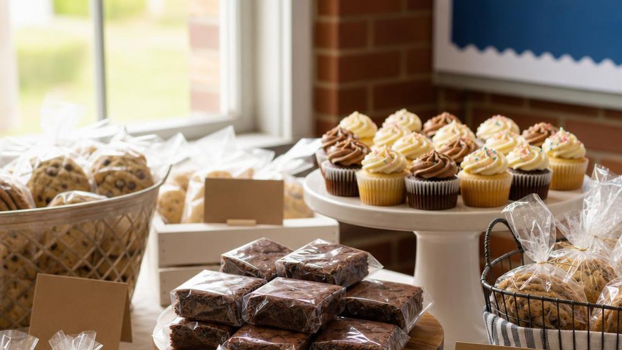 Wrapped cookies, brownies, cupcakes, and breads arranged on a bake sale table