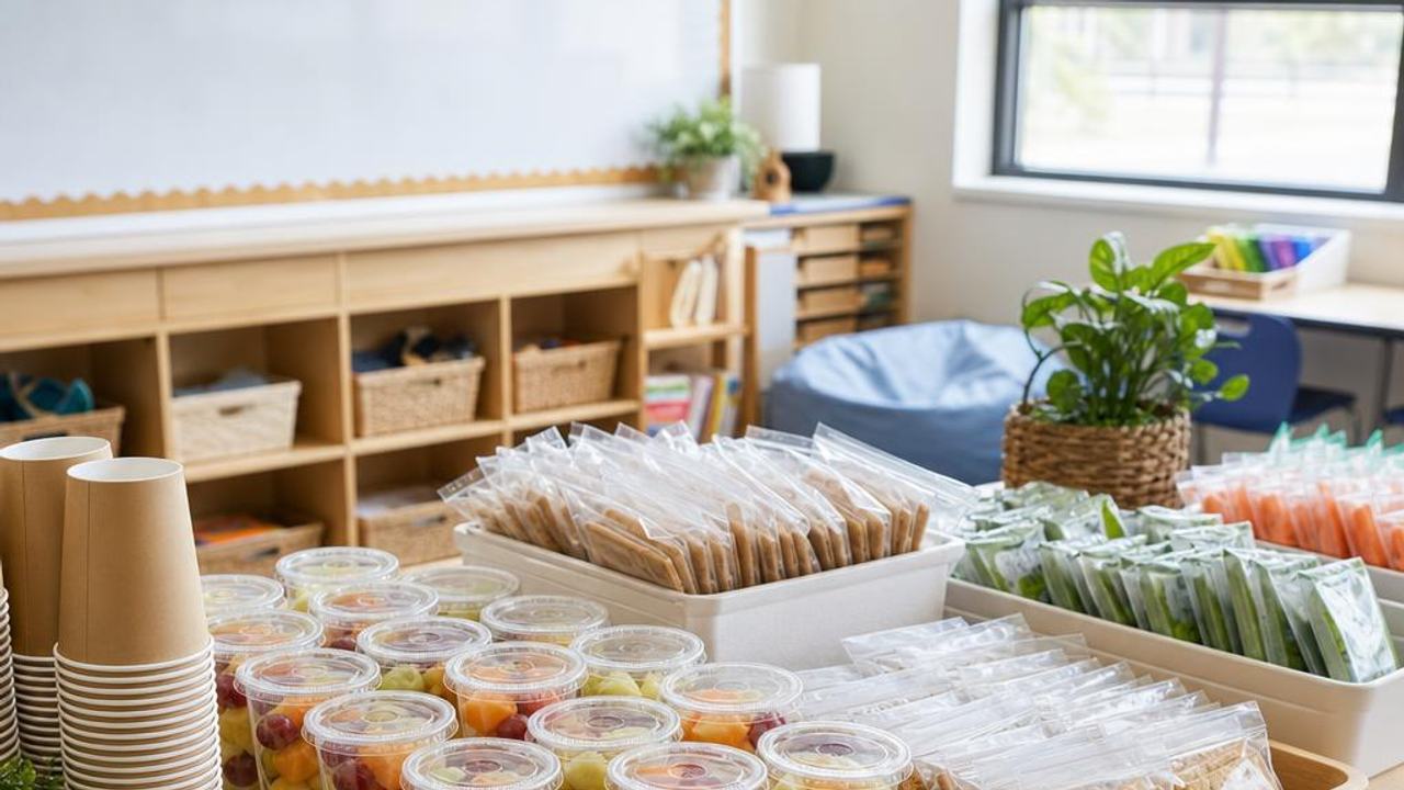 Individual fruit, crackers, cups, and allergy-aware snacks organized on a classroom table