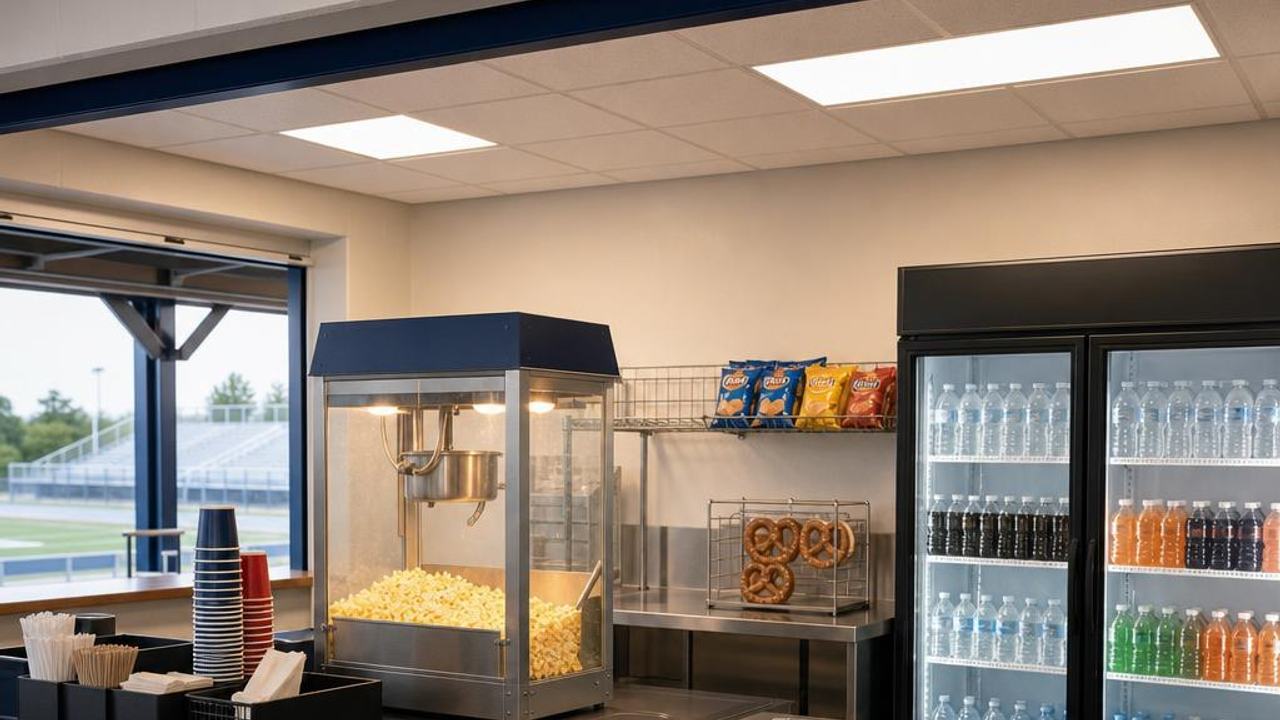 Stocked concession stand with separate food, drink, cash, and checklist stations