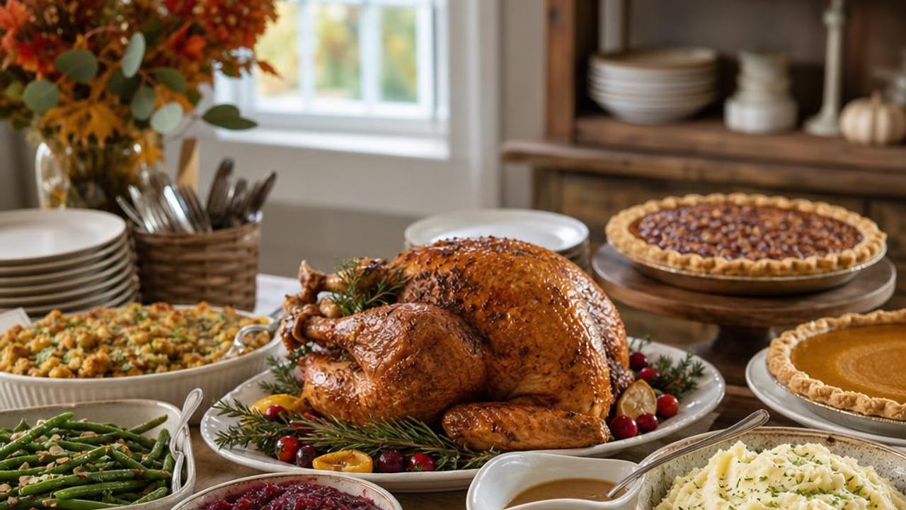 Thanksgiving potluck buffet with turkey, classic side dishes, and pies