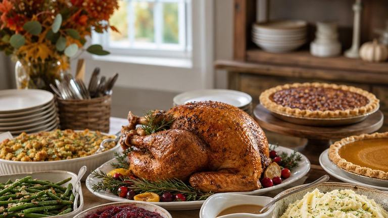 Thanksgiving potluck buffet with turkey, classic side dishes, and pies