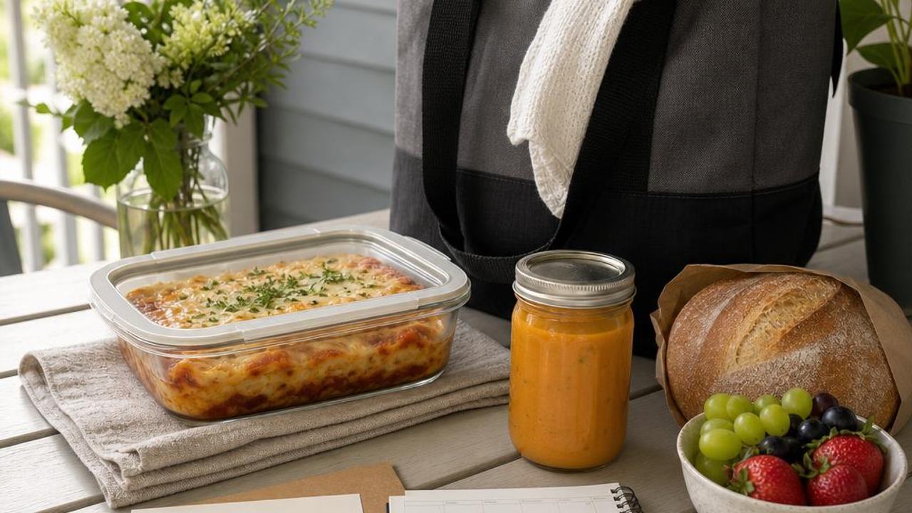 Casserole, soup, bread, and fruit packed together for a meal delivery