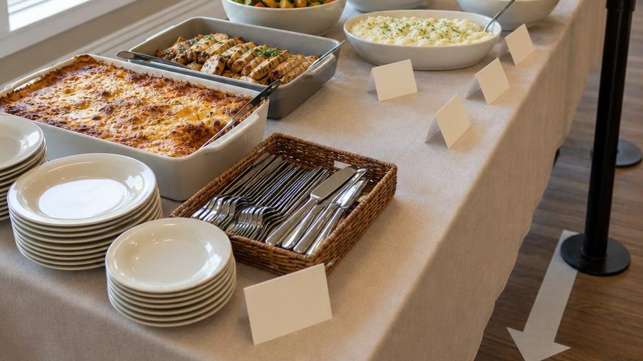 Organized potluck serving line with mains, sides, salad, dessert, and plates