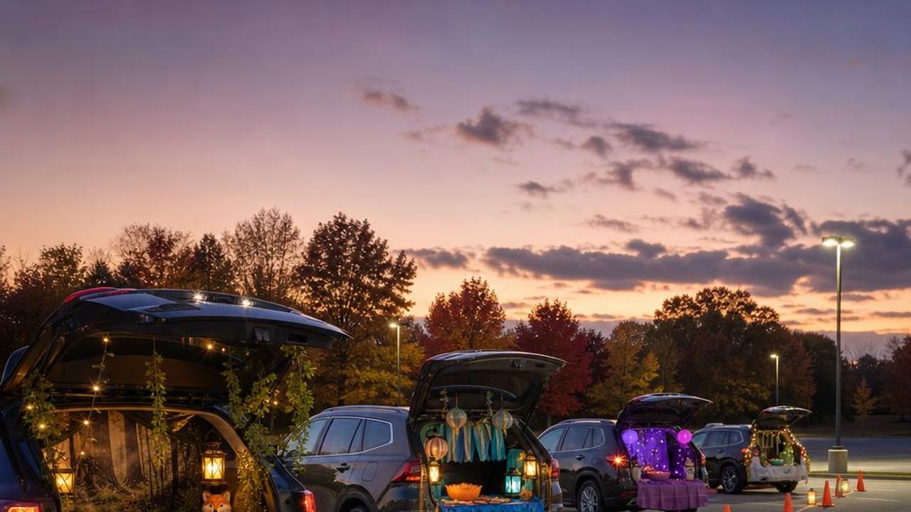 Decorated car trunks spaced along a coned one-way parking lot route at dusk