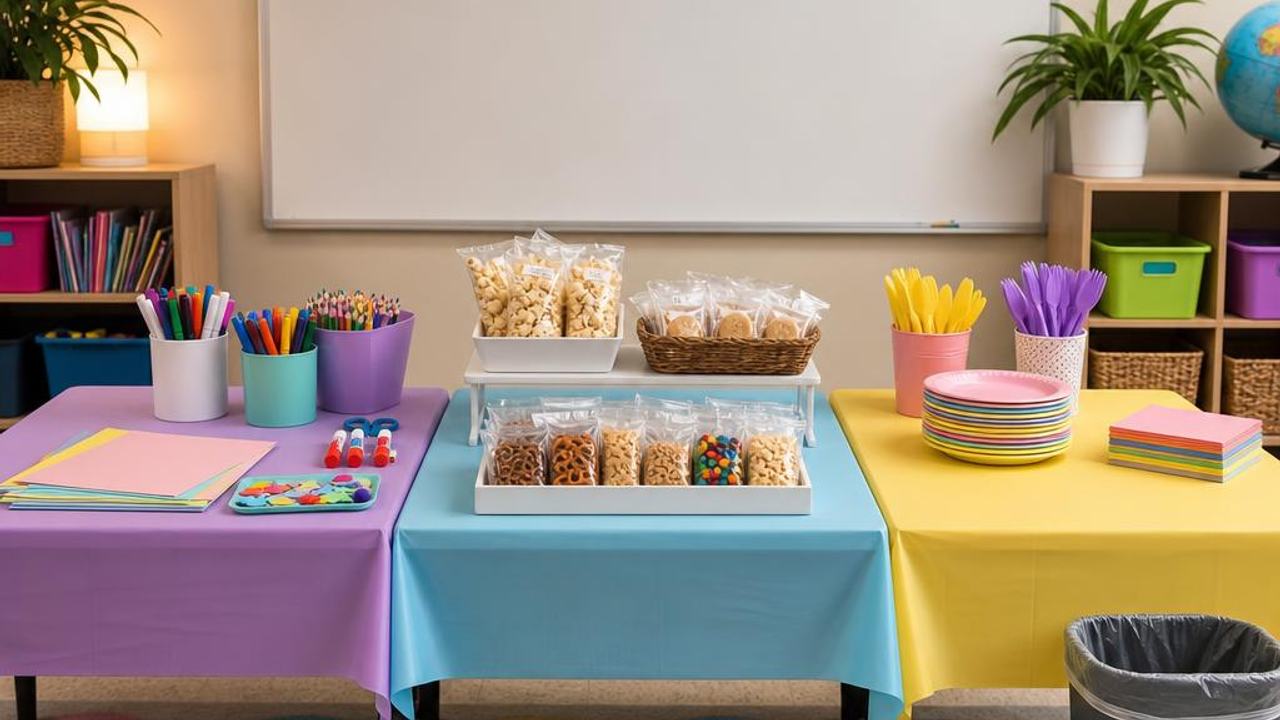 Classroom party table arranged with craft, snack, paper-goods, and cleanup stations