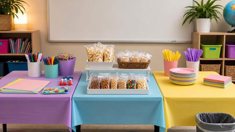 Classroom party table arranged with craft, snack, paper-goods, and cleanup stations