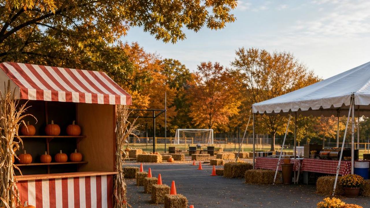 Fall festival grounds with a pumpkin booth, ring toss, food tent, and check-in table