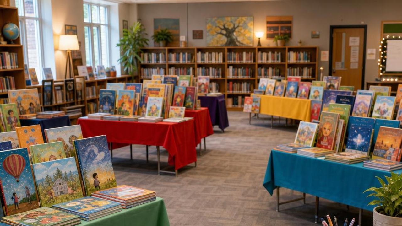 School book fair with colorful books, wide aisles, and a checkout table