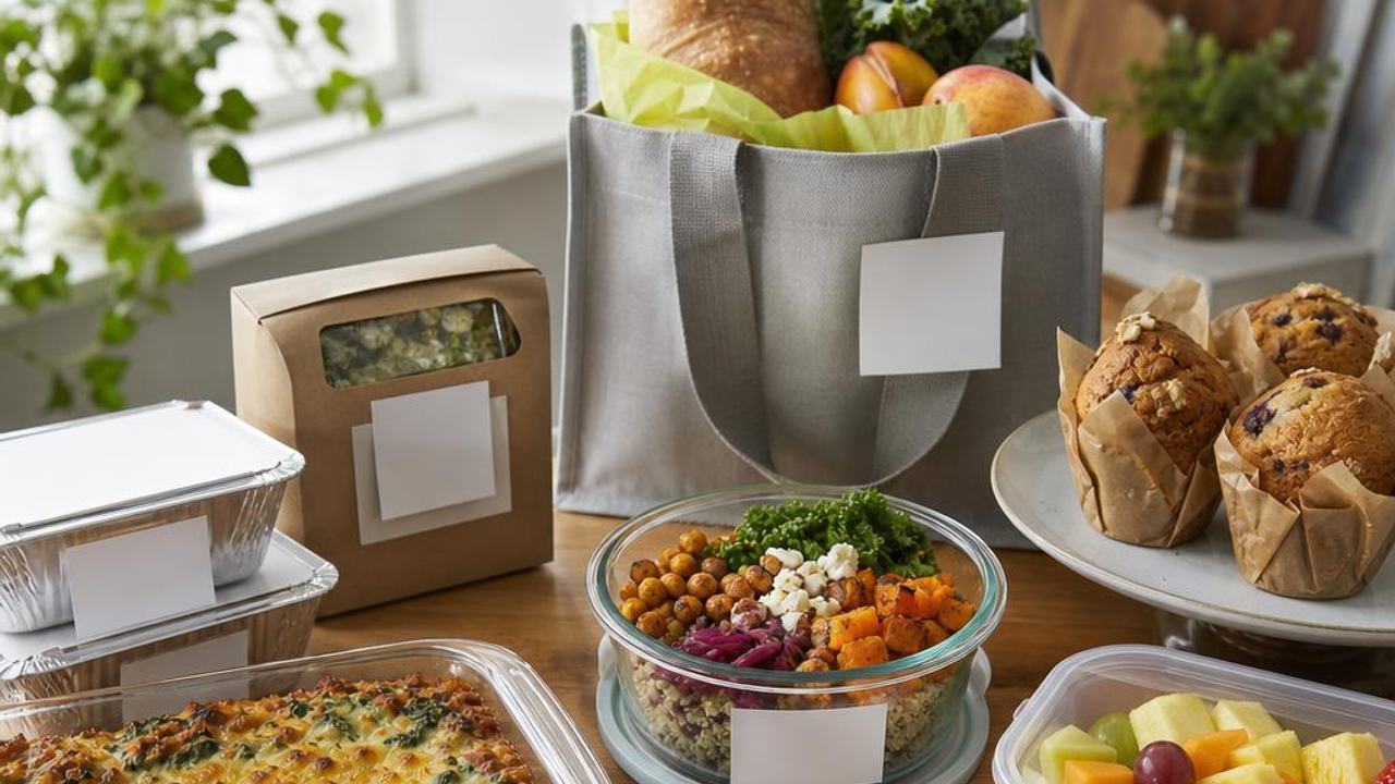 Freezer casserole, soup, grain bowl, muffins, and fruit packed for delivery