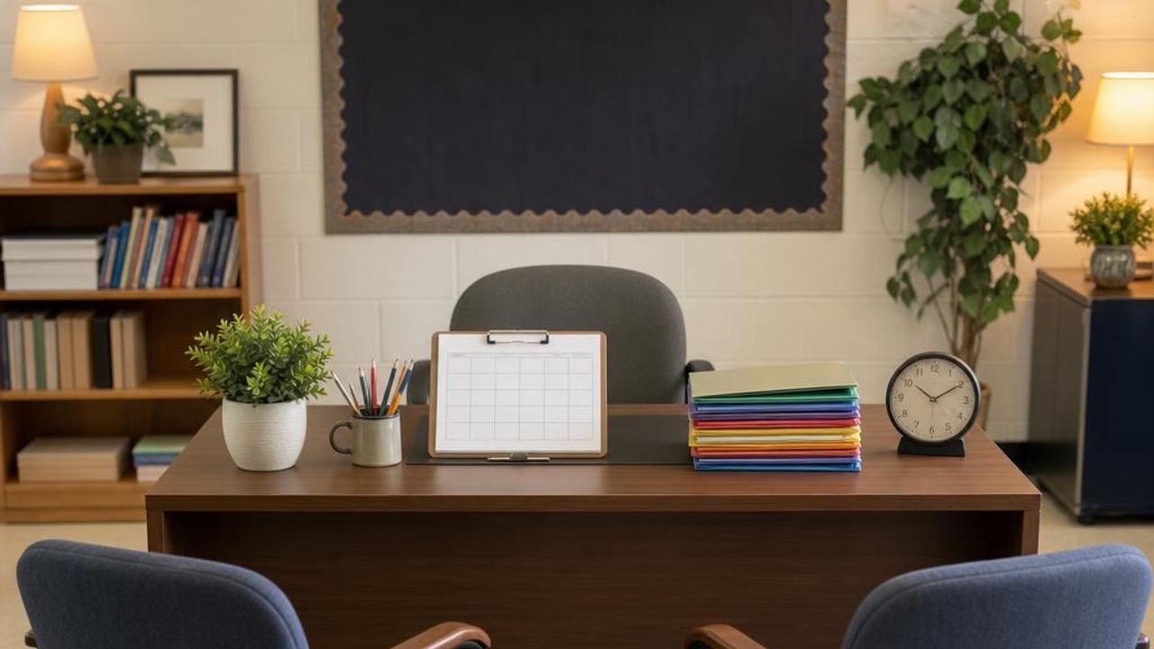 Two chairs at a classroom desk with a clock, schedule, pencils, and student folders