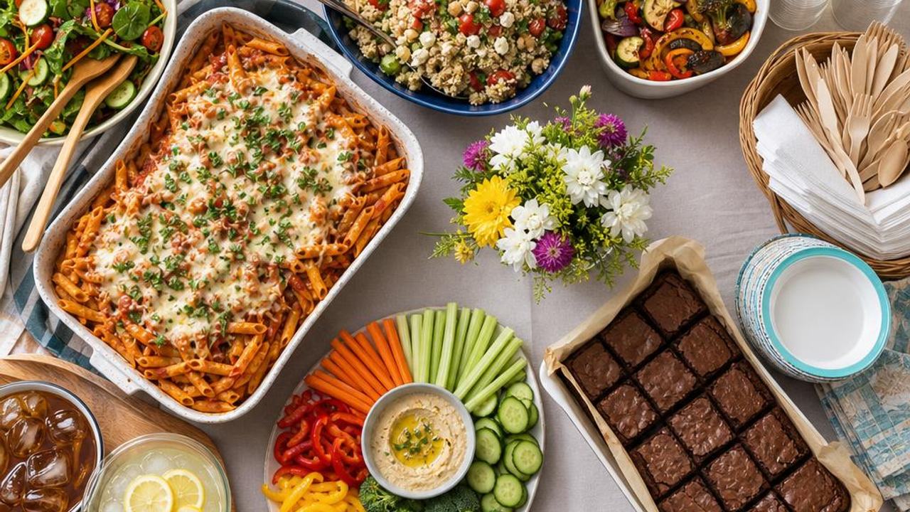 Crowd-friendly potluck spread with pasta, salad, vegetables, rolls, brownies, and lemonade
