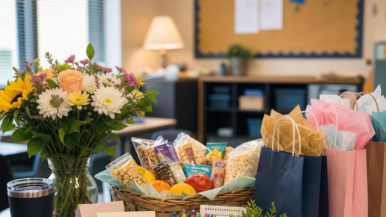 Teacher appreciation table with flowers, cards, supplies, snacks, and gift bags