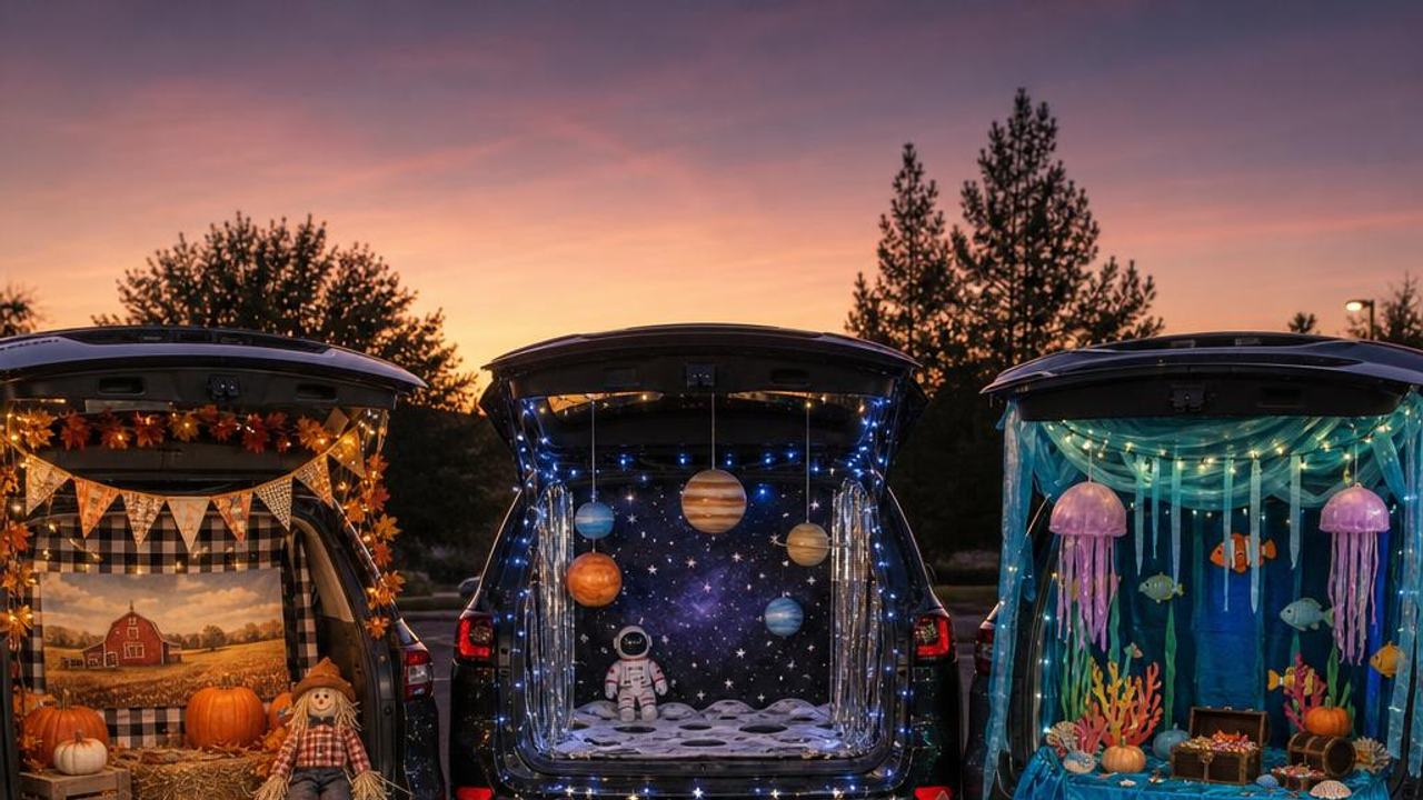 Three car trunks decorated as a pumpkin patch, outer space, and an undersea scene