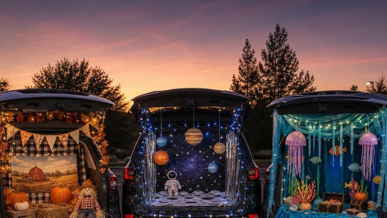 Three car trunks decorated as a pumpkin patch, outer space, and an undersea scene