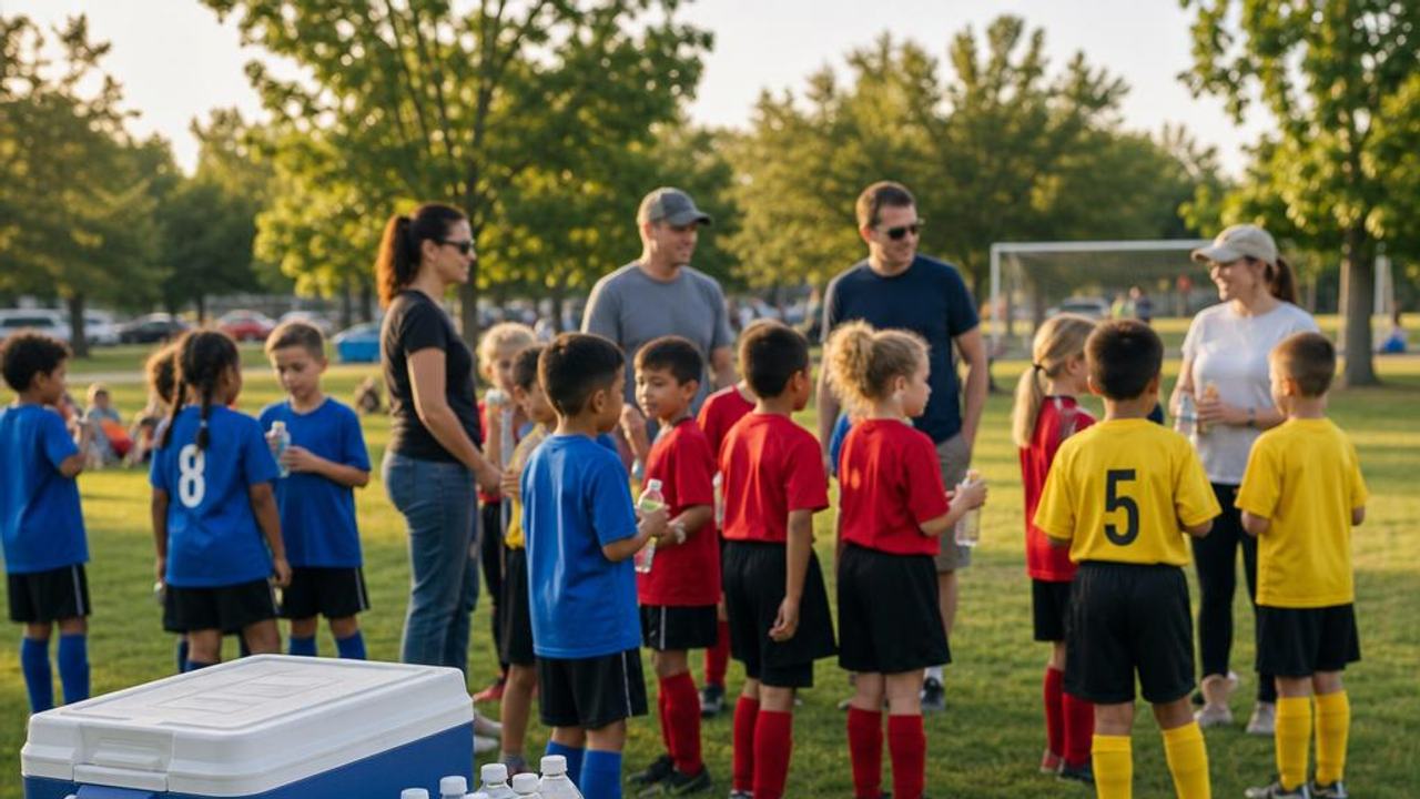 Individual snacks, water bottles, and a cooler arranged beside a youth soccer field