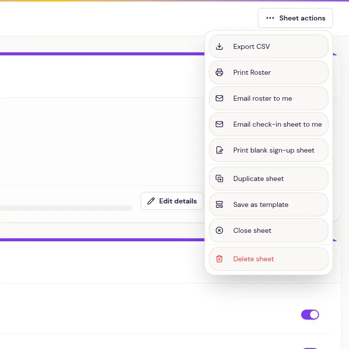 Sheet actions menu with Export CSV, Print Roster, email roster, and paper sign-up sheet choices