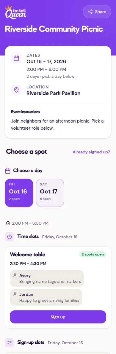 Mobile public signup page with stacked event details, slot cards, and Sign up buttons