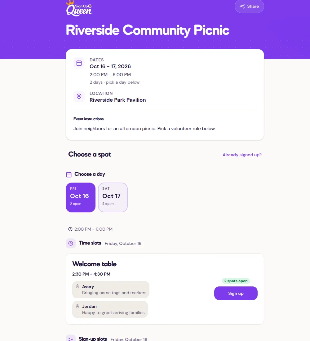 Public signup page with event date, time, location, open spots, a filled slot, and volunteer names with comments