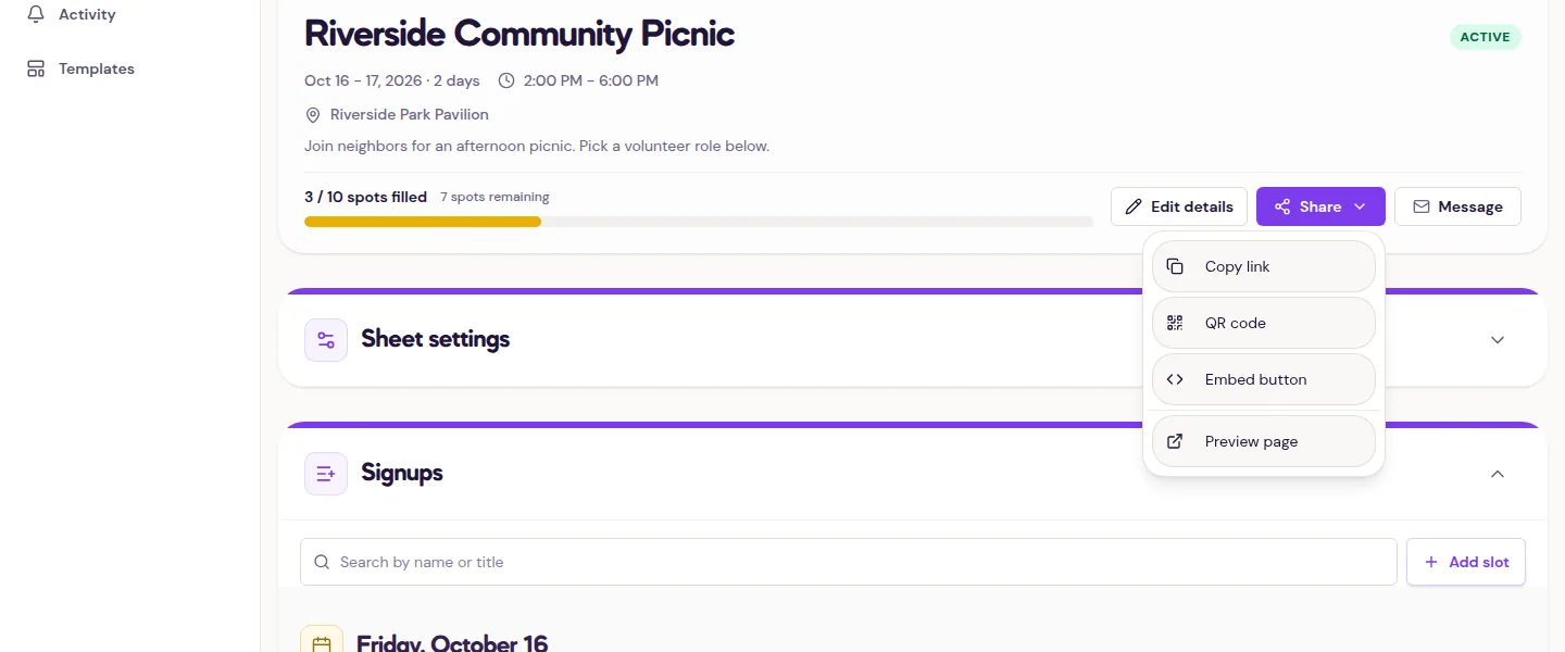 Share menu with Copy link, QR code, Embed button, and Preview page choices