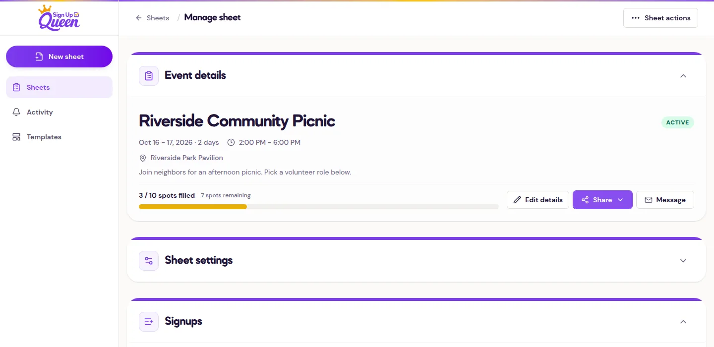 Published sheet header with Share, Edit details, and Sheet actions controls